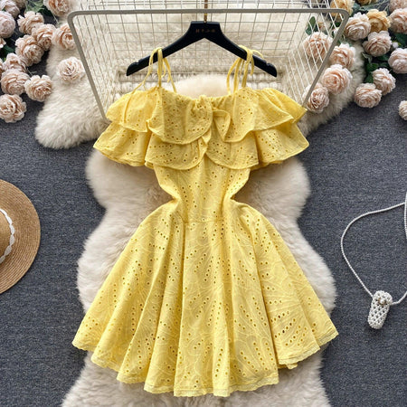 Rebecca Statement Eyelet Dress - styled flat-lay shot, yellow - Miss Mosa By Akanksha