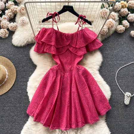 Rebecca Statement Eyelet Dress - styled flat-lay shot, pink - Miss Mosa By Akanksha