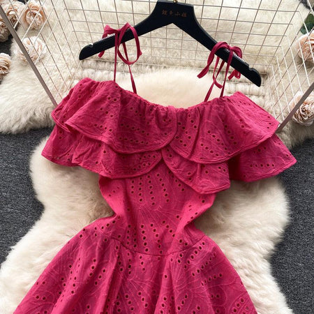 Rebecca Statement Eyelet Dress - close-up of ruffle neckline, pink - Miss Mosa By Akanksha