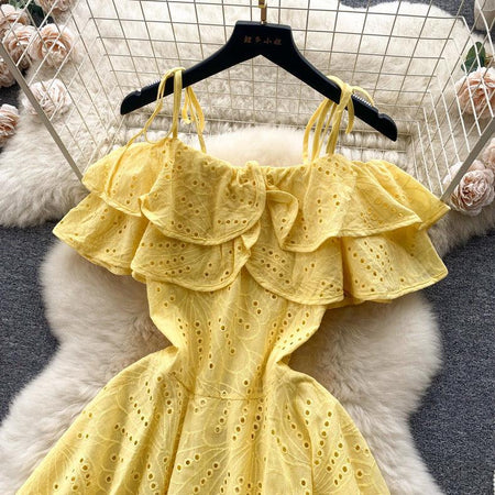 Rebecca Statement Eyelet Dress - close-up of ruffle neckline, yellow - Miss Mosa By Akanksha