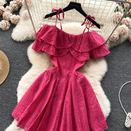 Rebecca Statement Eyelet Dress - styled flat-lay shot, pink - Miss Mosa By Akanksha