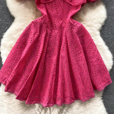 Rebecca Statement Eyelet Dress - close-up of eyelet skirt, pink - Miss Mosa By Akanksha