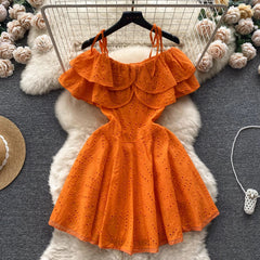 Rebecca Statement Eyelet Dress - styled flat-lay shot, orange - Miss Mosa By Akanksha
