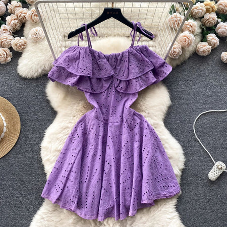 Rebecca Statement Eyelet Dress - styled flat-lay shot, purple - Miss Mosa By Akanksha