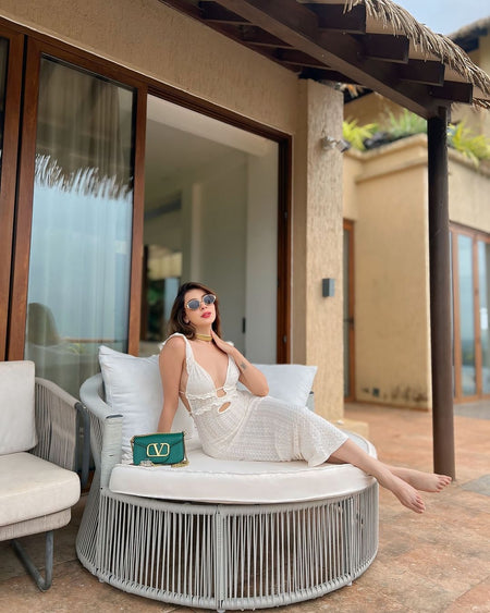 Redra Beach Maxi Dress in Beige - lifestyle shot on model, white - Miss Mosa By Akanksha