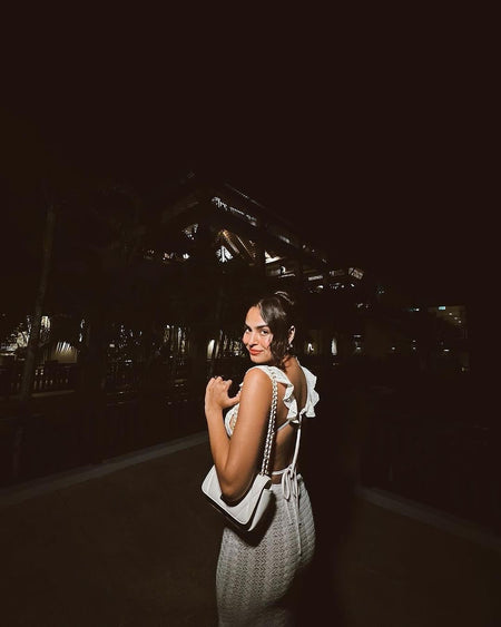 Redra Beach Maxi Dress in Beige - side shot on model, white - Miss Mosa By Akanksha