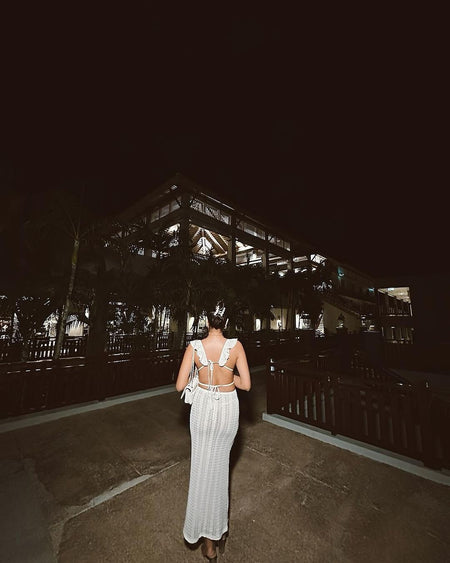 Redra Beach Maxi Dress in Beige - back shot on model, white - Miss Mosa By Akanksha