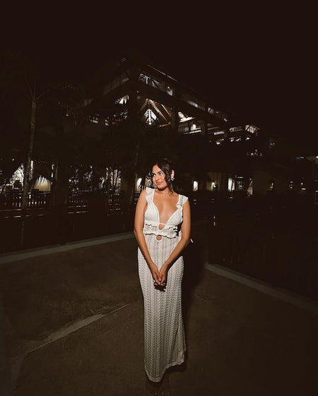 Redra Beach Maxi Dress in Beige - full-length shot on model, white - Miss Mosa By Akanksha