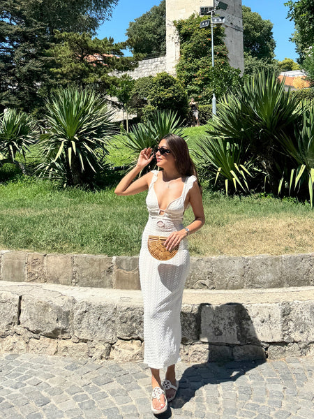 Redra Beach Maxi Dress in Beige - full-length shot on model, white - Miss Mosa By Akanksha