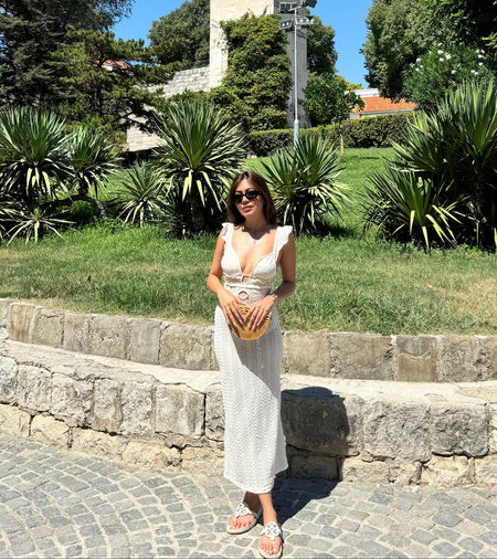 Redra Beach Maxi Dress in Beige - full-length shot on model, white - Miss Mosa By Akanksha