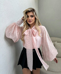 Rei Bow Polka Top - front shot, pink with black polka dots - Miss Mosa By Akanksha