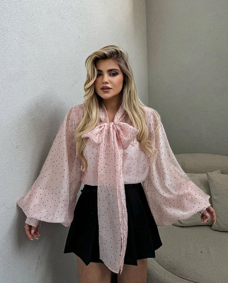 Rei Bow Polka Top - front shot, pink with black polka dots - Miss Mosa By Akanksha