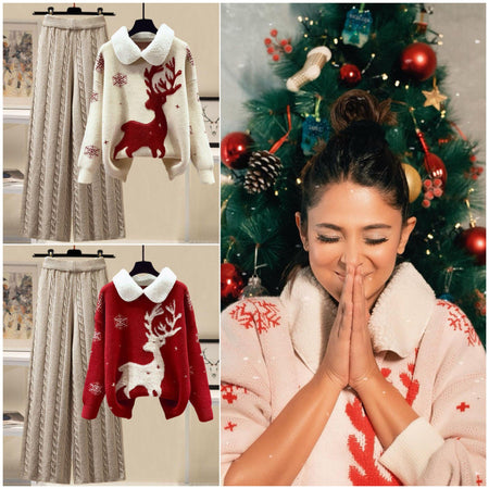 Reindeer Woolen Coord Set - styled flat-lay shot, multicolour - Miss Mosa By Akanksha
