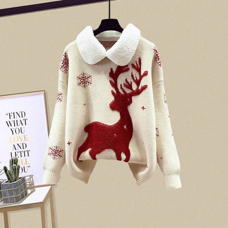 Reindeer Woolen Coord Set - front shot on hanger, cream - Miss Mosa By Akanksha
