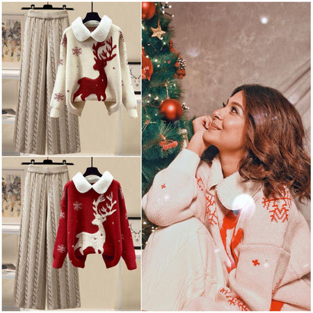 Reindeer Woolen Coord Set - styled flat-lay shot, multicolour - Miss Mosa By Akanksha