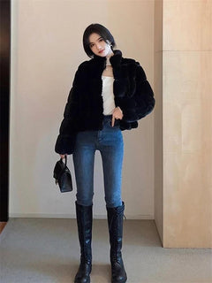 Relena Faux Fur Jackets - full-length shot on model, black - Miss Mosa By Akanksha