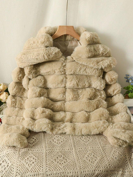 Relena Faux Fur Jackets - front shot on hanger, beige - Miss Mosa By Akanksha