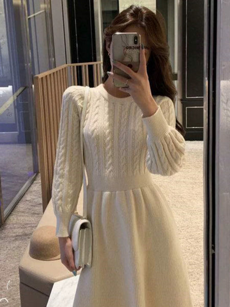 Relena Premium Knitted Woolen Dress - front shot on model, cream - Miss Mosa By Akanksha