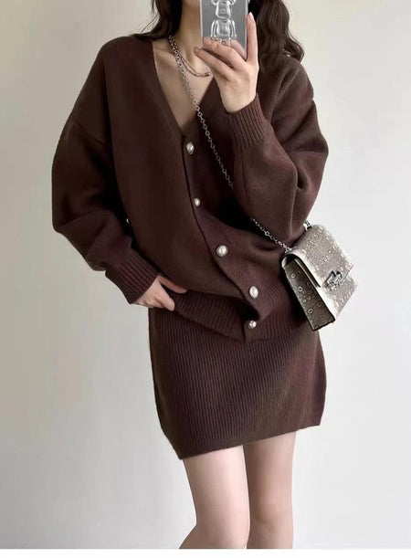 Reming Set of Dress and Cardigan - front shot on model, brown - Miss Mosa By Akanksha