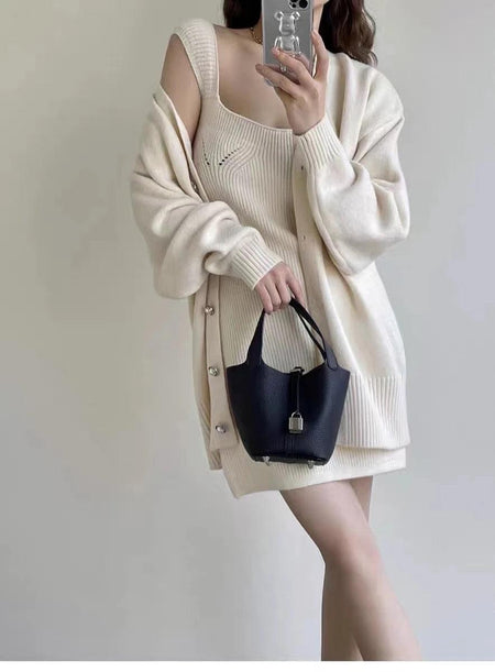 Reming Set of Dress and Cardigan - front shot on model, cream - Miss Mosa By Akanksha