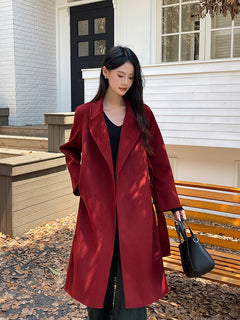 Remy Luxe Overcoat With Belt - three-quarter shot, red - Miss Mosa By Akanksha