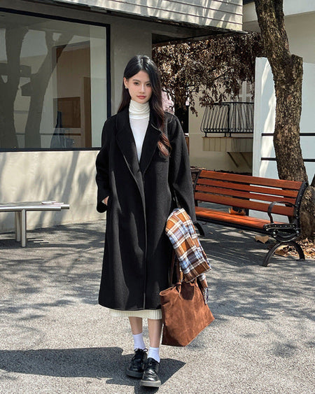 Remy Luxe Overcoat With Belt - full-length shot, black - Miss Mosa By Akanksha