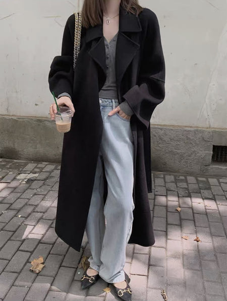 Remy Luxe Overcoat With Belt - front shot, black - Miss Mosa By Akanksha
