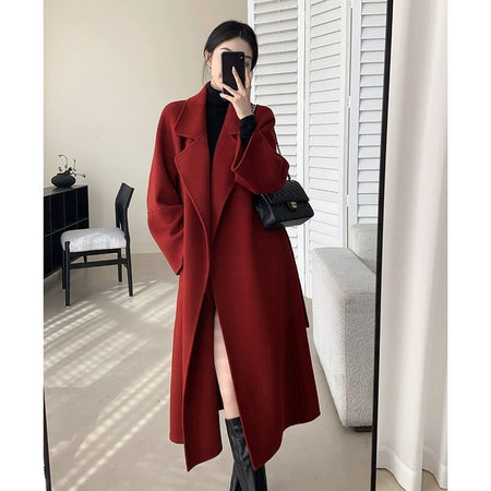 Remy Luxe Overcoat With Belt - front shot, red - Miss Mosa By Akanksha
