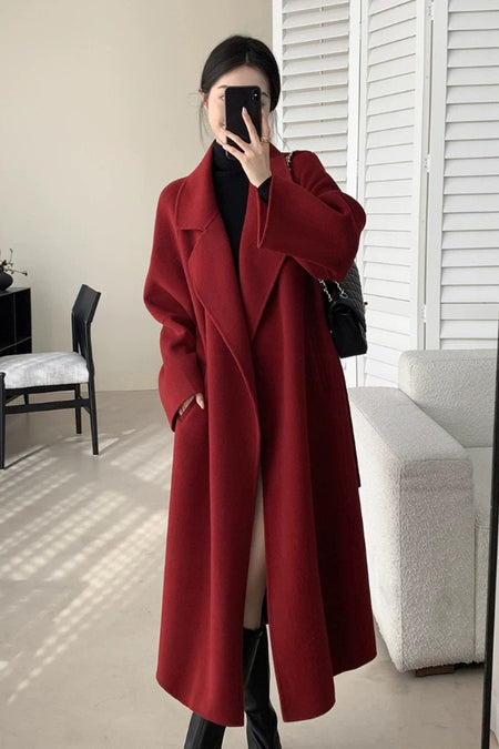 Remy Luxe Overcoat With Belt - front shot, red - Miss Mosa By Akanksha