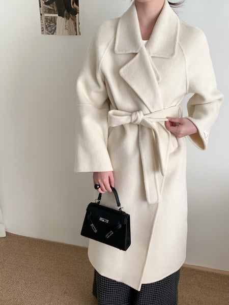 Remy Luxe Overcoat With Belt - close-up shot, cream - Miss Mosa By Akanksha