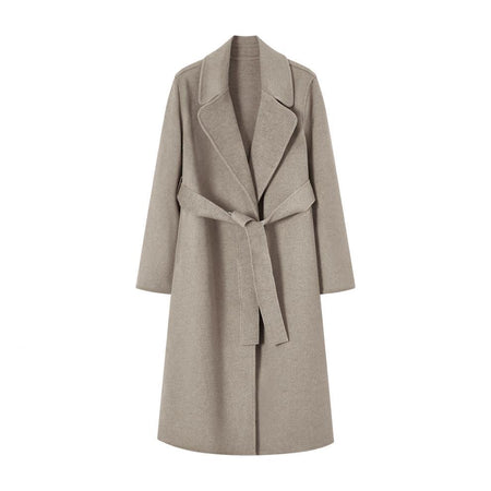 Remy Luxe Overcoat With Belt - flat-lay front shot, taupe grey - Miss Mosa By Akanksha