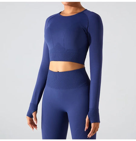 Remy Premium Activewear Set - close-up of top on model, navy - Miss Mosa By Akanksha