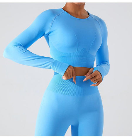 Remy Premium Activewear Set In Sky Blue - front shot on model adjusting waistband - Miss Mosa By Akanksha