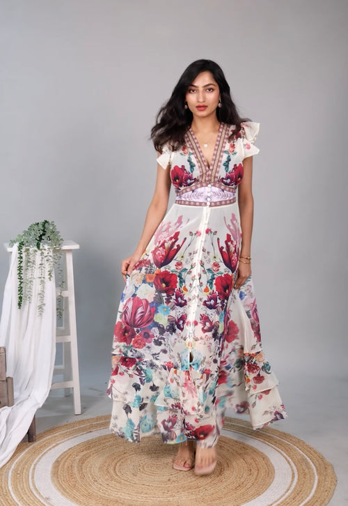 Rena Vintage Statement Maxi Dress In Off-White