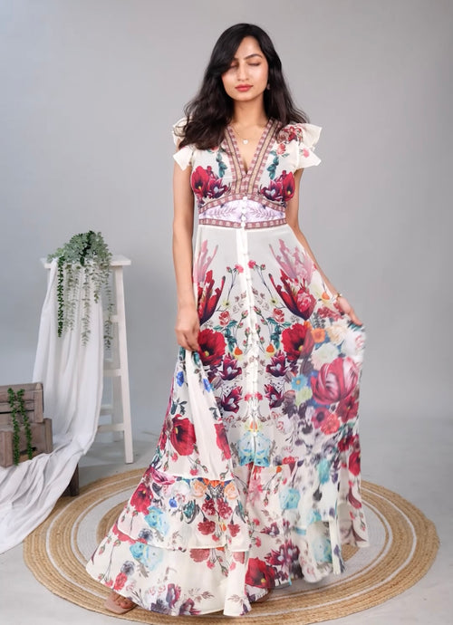Rena Vintage Statement Maxi Dress In Off-White