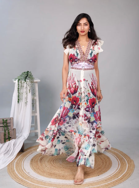 Rena Vintage Statement Maxi Dress In Off-White - full-length shot on model, multicolour floral - Miss Mosa By Akanksha