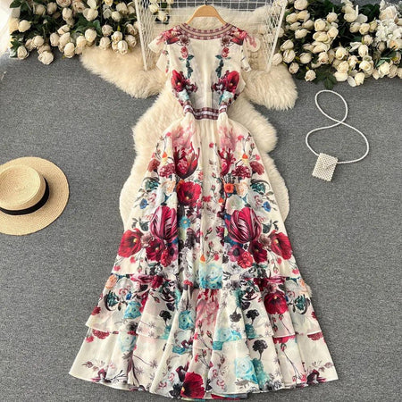Rena Vintage Statement Maxi Dress In Off-White - styled flat-lay shot, multicolour floral - Miss Mosa By Akanksha