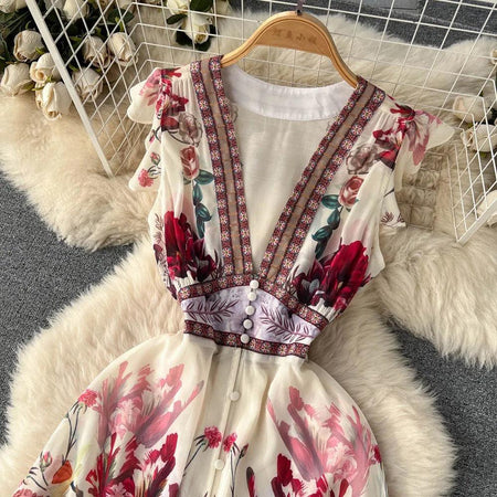 Rena Vintage Statement Maxi Dress In Off-White - close-up of bodice, multicolour floral - Miss Mosa By Akanksha