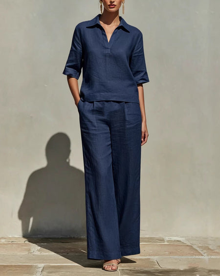 Renata Coord Pant Set - full-length front shot, navy blue - Miss Mosa By Akanksha