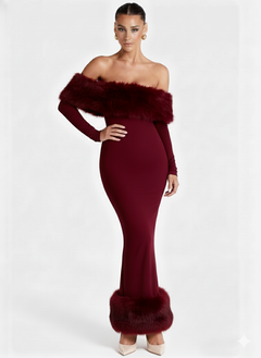 Renata Fur Off Shoulder Dress - full-length shot on model, burgundy - Miss Mosa By Akanksha