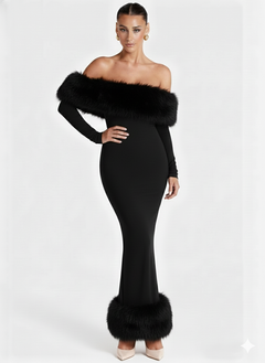 Renata Fur Off Shoulder Dress - full-length shot on model, black - Miss Mosa By Akanksha