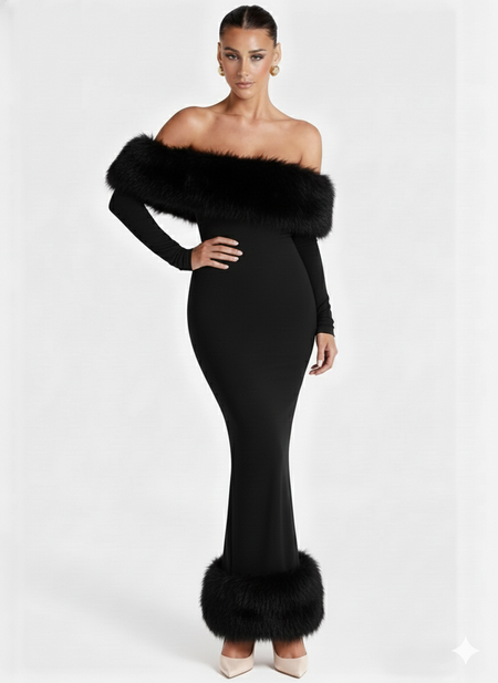 Renata Fur Off Shoulder Dress - full-length shot on model, black - Miss Mosa By Akanksha