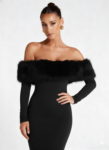 Renata Fur Off Shoulder Dress - front shot on model, black - Miss Mosa By Akanksha