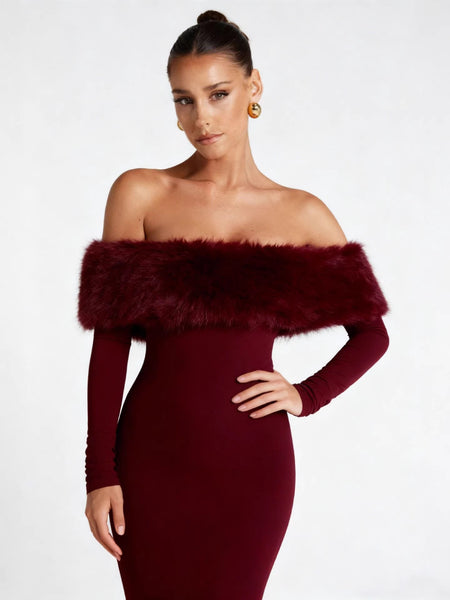 Renata Fur Off Shoulder Dress - front shot on model, burgundy - Miss Mosa By Akanksha