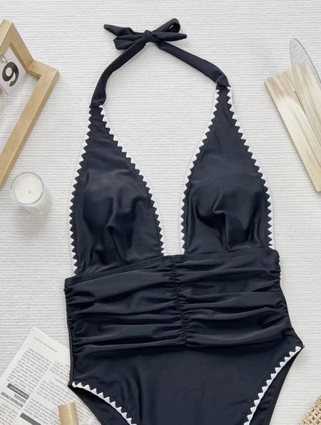 Rene One Piece Swimsuit - close-up of swimsuit neckline, black - Miss Mosa By Akanksha