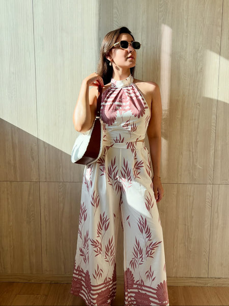 Rene Printed Top Coord Set - full-length shot, cream with pink and brown leaf print - Miss Mosa By Akanksha