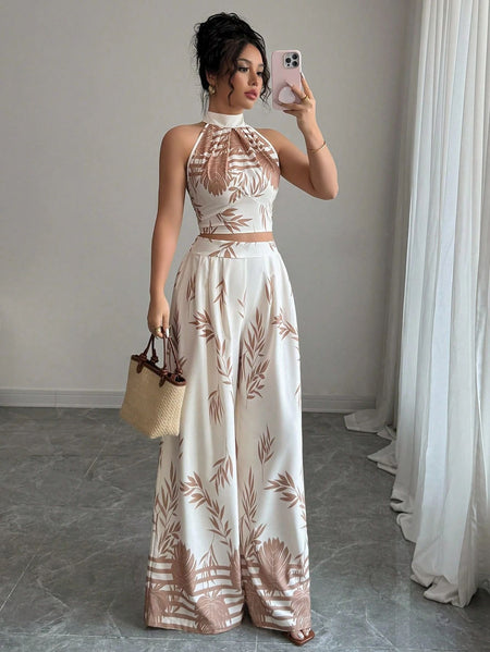 Rene Printed Top Coord Set - full-length shot, cream with tan leaf print - Miss Mosa By Akanksha