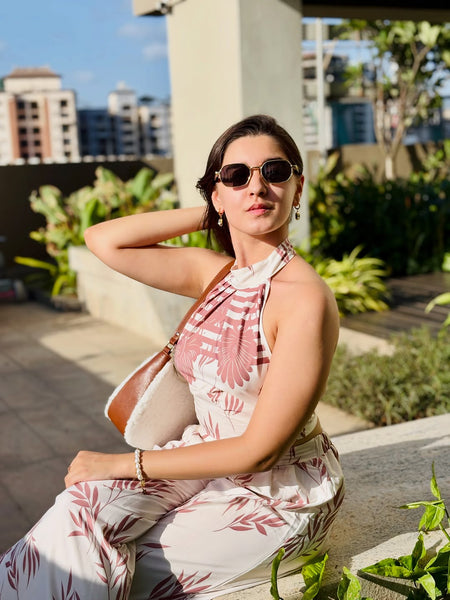 Rene Printed Top Coord Set - seated shot, cream with pink and brown leaf print - Miss Mosa By Akanksha