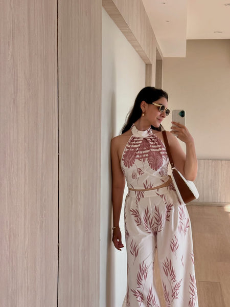 Rene Printed Top Coord Set - side shot, cream with pink and brown leaf print - Miss Mosa By Akanksha