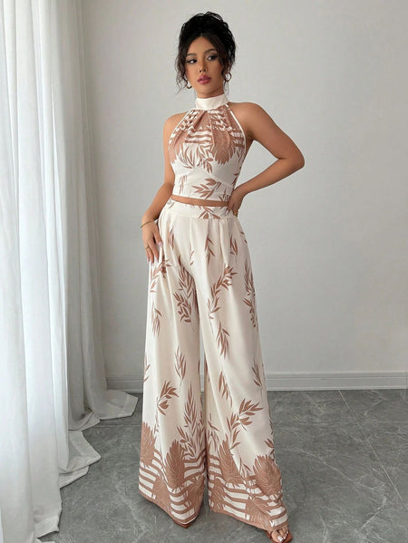 Rene Printed Top Coord Set - full-length shot, cream with tan leaf print - Miss Mosa By Akanksha